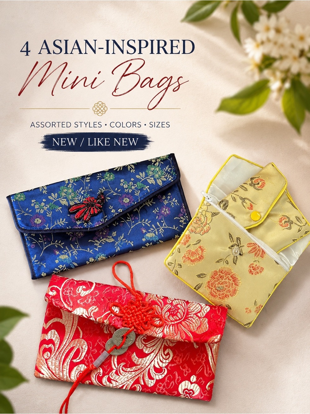 Bundle of 4 Asian-Inspired Silk Brocade Coin Purses & Mini Pouches LIKE NEW